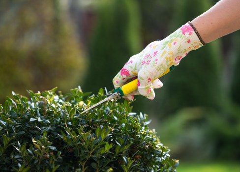 Gardener working safely in a residential garden with protective equipment
