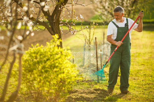 Professional gardening team maintaining a tidy and safe work area